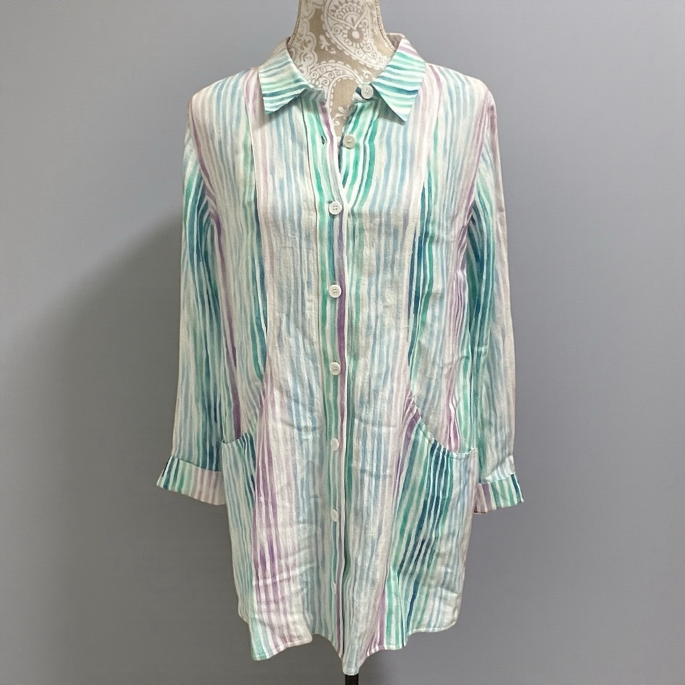 Soft Surroundings Pastel Striped Button Front Tunic Top Size Small